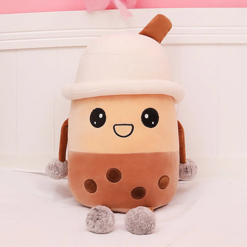 Soft, Cute, Boba Tea Plushie: cream, tan bubble tea cup, kawaii style