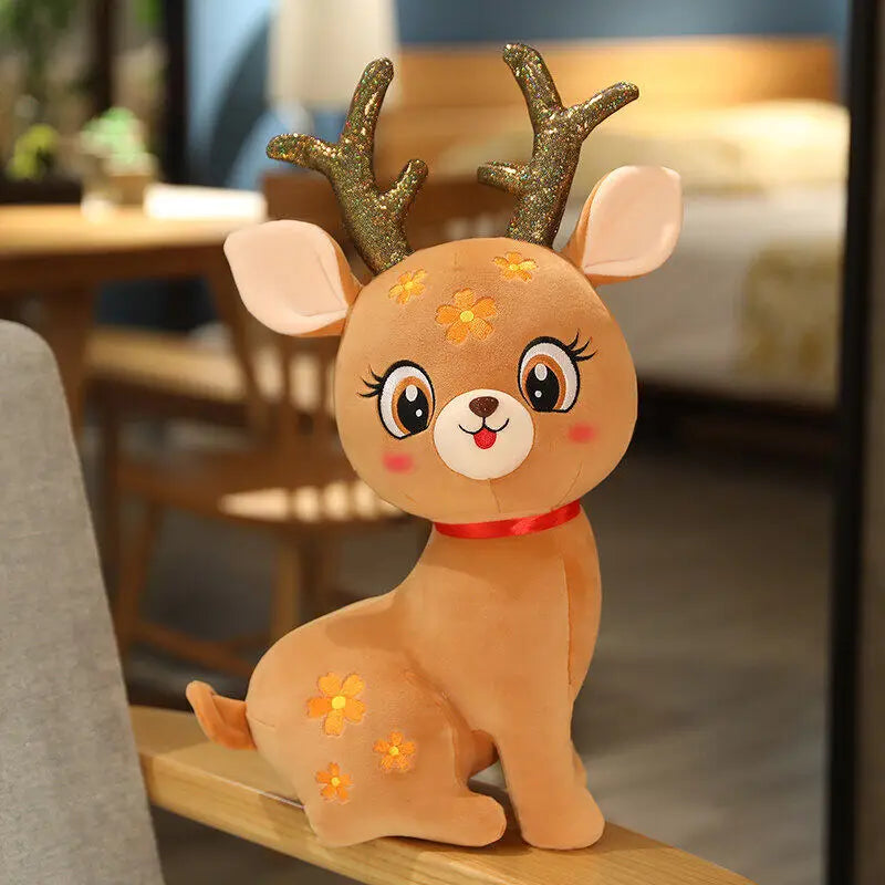 Christmas Sika Deer Plush Toy: izable, Cute, Soft, Stuffed: orange-brown, pink deer/fawn, kawaii cartoon style