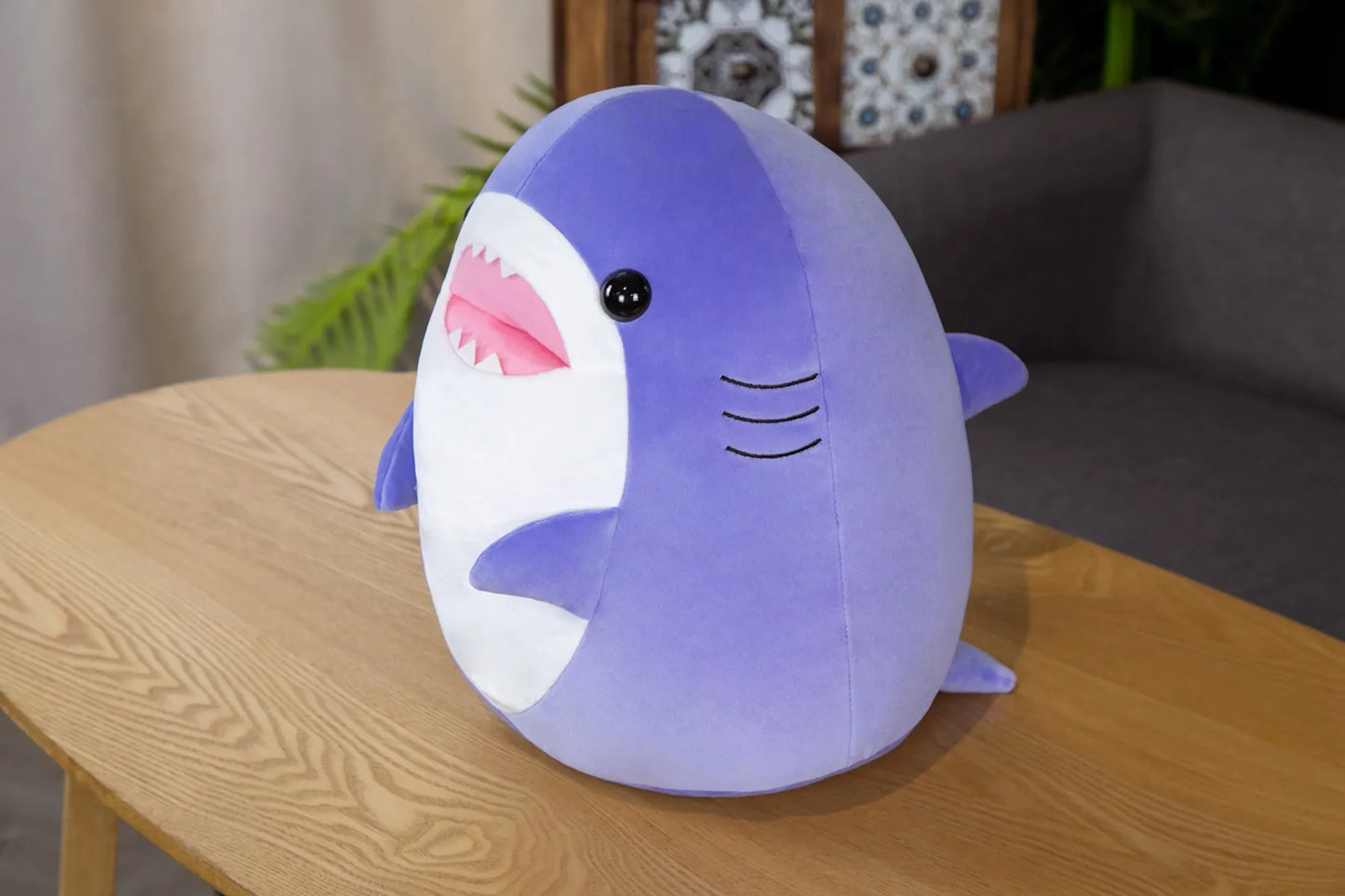 Luca, Soft Boba Shark Plush: purple, white shark, kawaii cartoon style