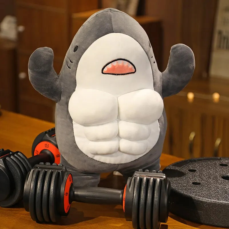 45CM Muscle Shark Plush: gray, white cartoon shark, kawaii cartoon style