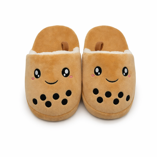 Boba Milk Tea Plush Slippers Brown