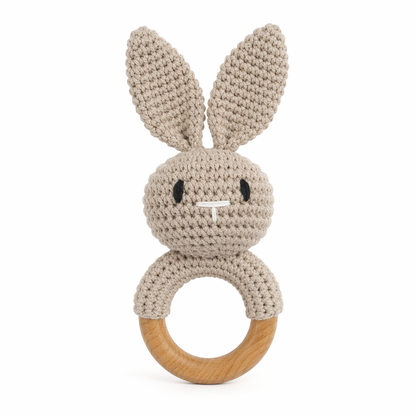 Plush Wooden Bunny Teether with Bell Brown