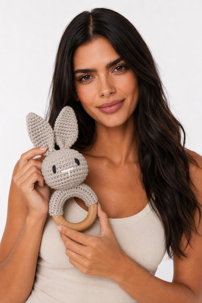 Plush Wooden Bunny Teether with Bell Brown