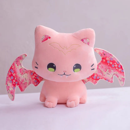 Caleb, Kawaii Bat Cat Plush Toy: lavender purple, pink cat with bat wings, kawaii cartoon style
