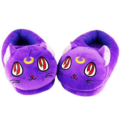 Delilah, Soft Sailor Moon Plush Slippers: navy blue, pink cat, kawaii cartoon style