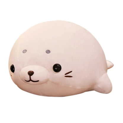 Baby Sea Lion Sleeping Pillow: pale pink, black seal, kawaii cartoon style