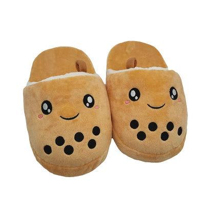 Boba Milk Tea Plush Slippers: tan, brown bubble tea, kawaii cartoon style